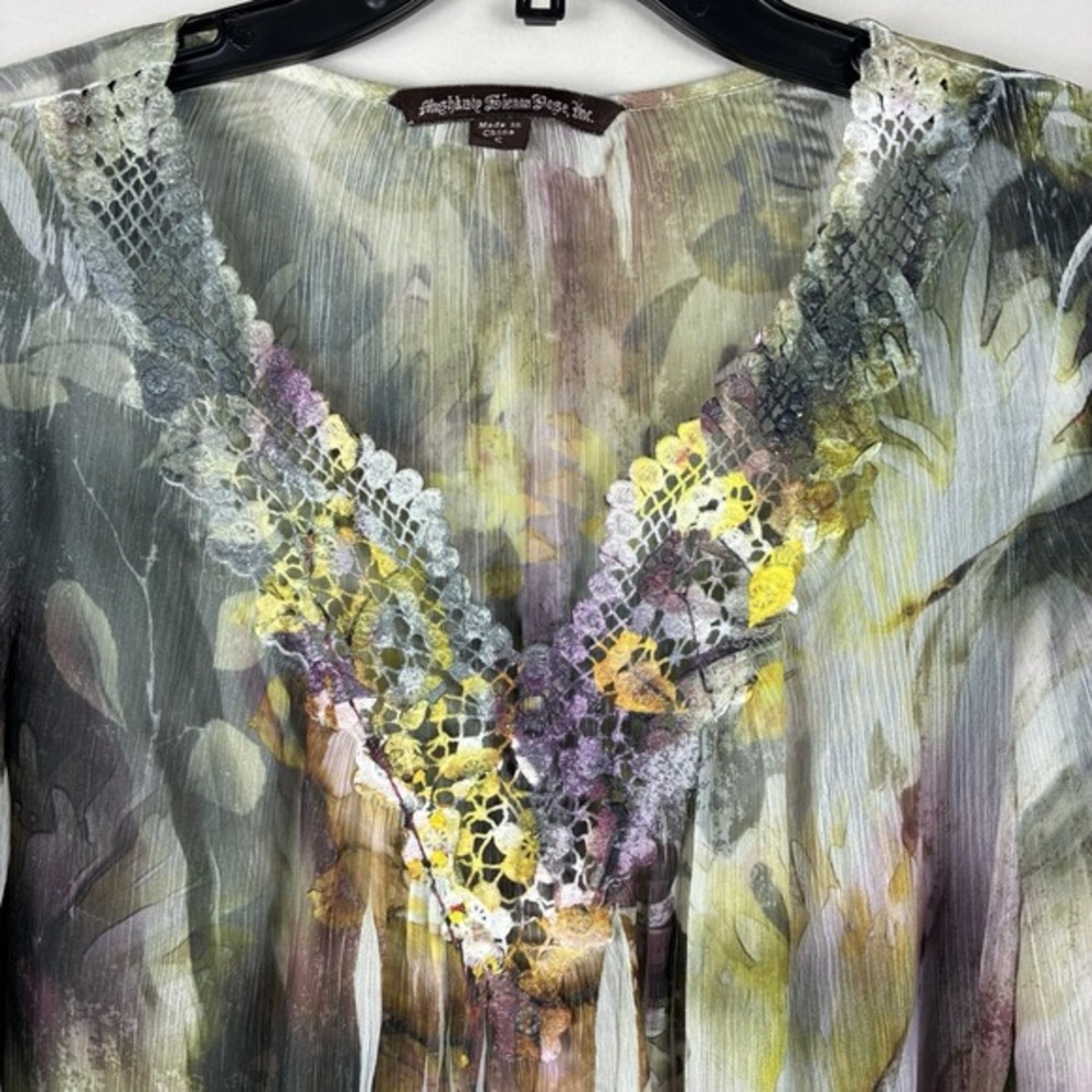 Womens Y2K Sheer Forest Fairy Colorful Top Small 3/4 Sleeve Gypsy Boho Whimsy - Picture 3 of 9